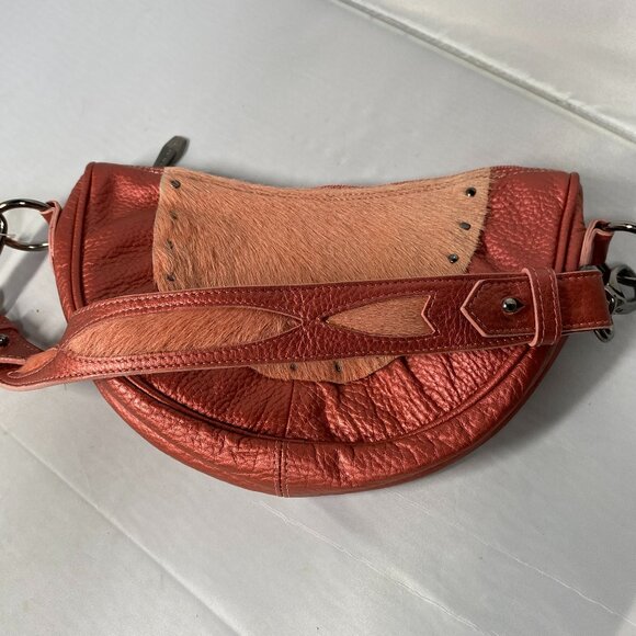 BERGE metallic pink coral pony calf hair studded half moon shape boho bag ITALY - Picture 1 of 3